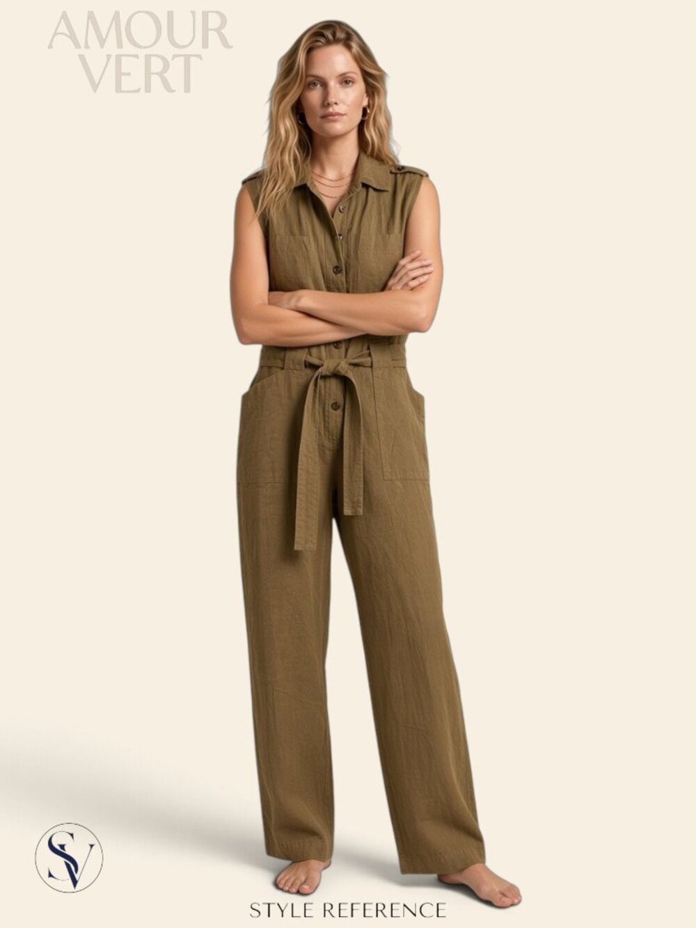 NWT Amour Vert Sienna Linen Cotton Utility Jumpsuit Olive Brown Size M